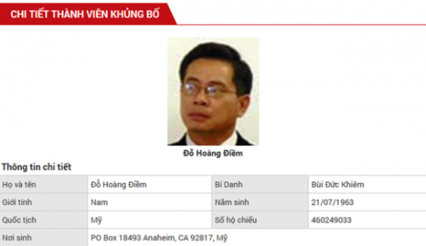Thông tin về đối tượng Đỗ Hoàng Điềm - chủ tịch tổ chức khủng bố "Việt Tân" trên Cổng thông tin điện tử Bộ Công an